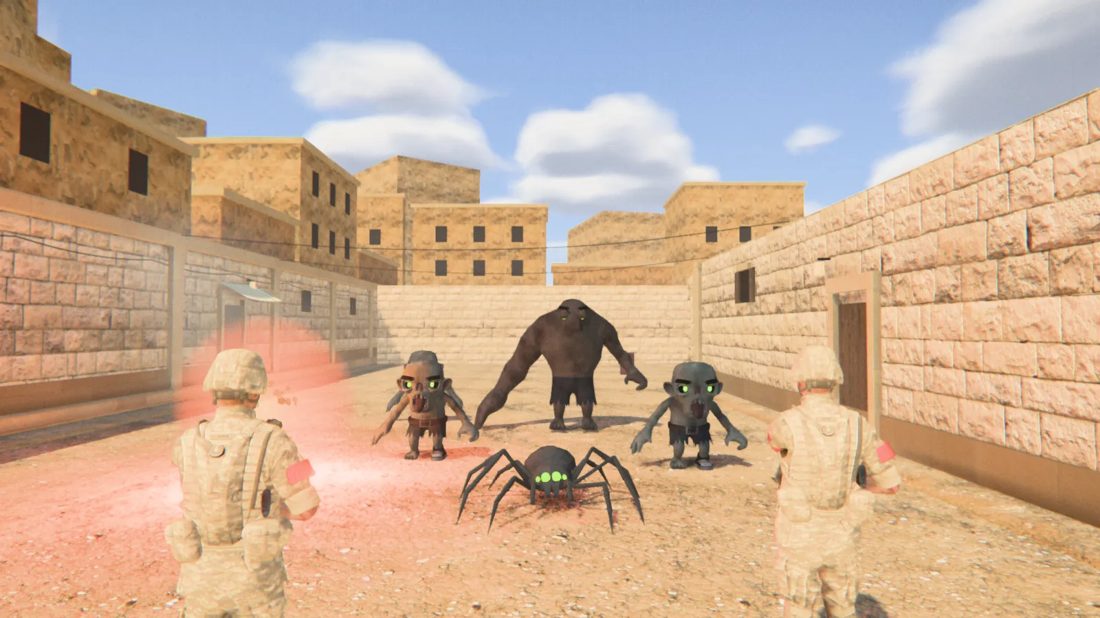 Two soldiers in desert camouflage face a wave of monsters on a sandstone street as a barrel explodes